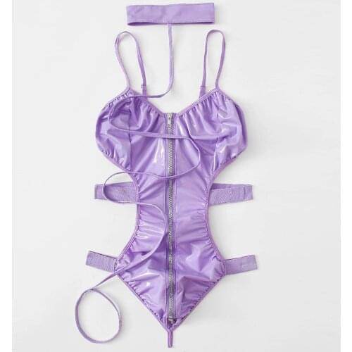 Women Sexy Patent Leather Neck Ring Bodysuit Purple sexy Bodysuit Underwear Teddy Bandage Sexy Underwear Pijama Mujer Encaje