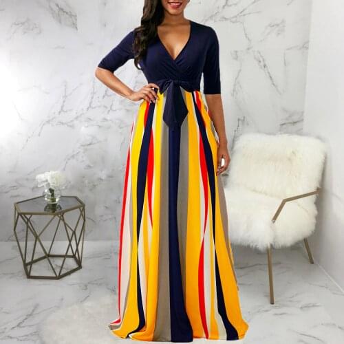 Plus Size Color Block Striped Print Big Swing Dress Women Deep V Neck Half Sleeve Fit and Flare Dress Office Lady Formal Dress