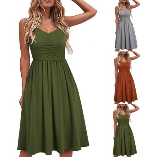Women Dress Low Neck Pleated Middle Length Ladies Sleeveless Shirring Dress for Dating vestidos платье летнее женское2021