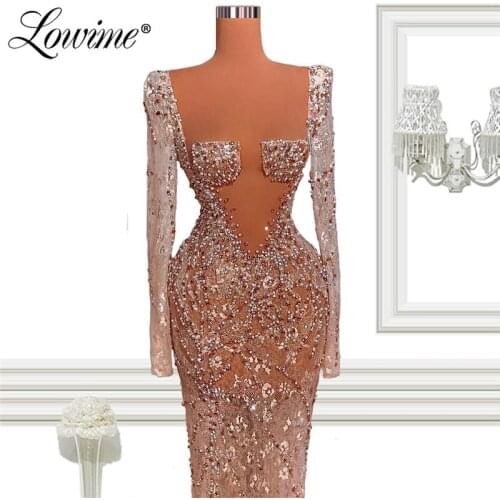 Abendkleider See Through Long Sleeves Evening Dresses Mermaid Lace Beaded Evening Gowns Robes Longues 2021 Plus Size Party Gowns