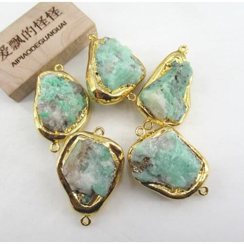 3 PCS Natural Green Emeralds Rough Raw Gold Plated Connector Jewelry Making DIY