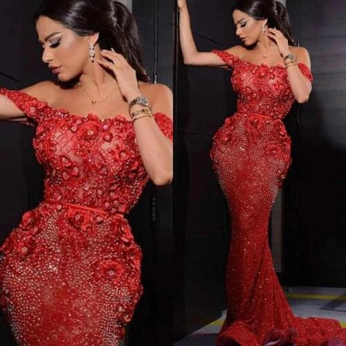 Arabic Red Mermaid Prom Dresses Off The Shoulder Lace 3D Floral Appliqued Beads Formal Party Dress Customized Evening Wear
