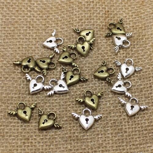 Free shipping 60pcs 13*18mm Antique Silver color Color Alloy mini Wings Heart Charms lock cylinder Jewelry T0532