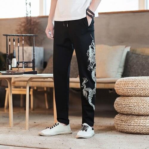Men Casual Chinese Style Pants Dragon Embroidery Loose Linen Japanese Trousers Summer Elastic Waist Harem Pants Streetwear 11187