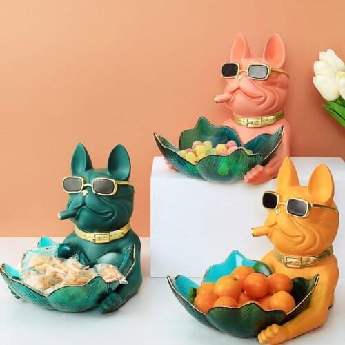 Bulldog Figurines Decorative Fruit Bowl Animals Miniature Statue Ornaments for Home Office Decoration Storage Carved Collectible