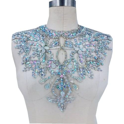 Handmade clear AB colour crystal patches Sequins Rhinestones applique on white mesh 38*32cm for top dress skirt