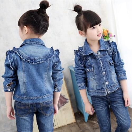 Ruffles Patchwork Kids Girls Denim Jacket Coats Single Breasted Toddler Jeans Outerwear Coats Casual Children Girls Clothing