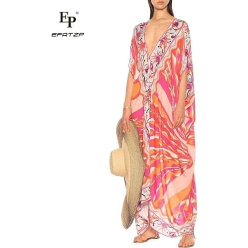 EFATZP New Fashion womens plus fat plus loose Kaftan style, elastic knitting beautiful geometric printing V-Neck long dress