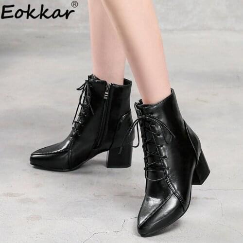 Eokkar 2019 Women Ankle Boots Casual Women Shoes Winter Boots Lace Up Pu Leather Square Heel Pointed Toe Ladies Boots Size 34-43