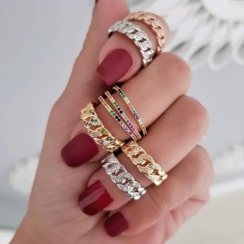 Fashion band ring Open adjusted mini finger ring rainbow colorful cz Miami Cuban link chain resizable fashion Knuckle rings