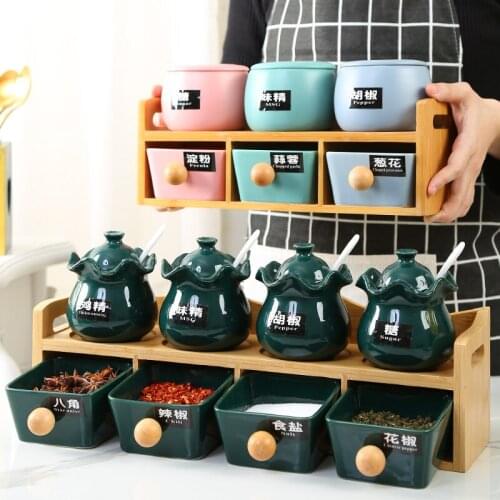 Kitchen Storage Spice Jar Ceramic Seasoning Bottle with Wooden Rack Creative Glass Oil Bottle Condiment Set with Wood Holder