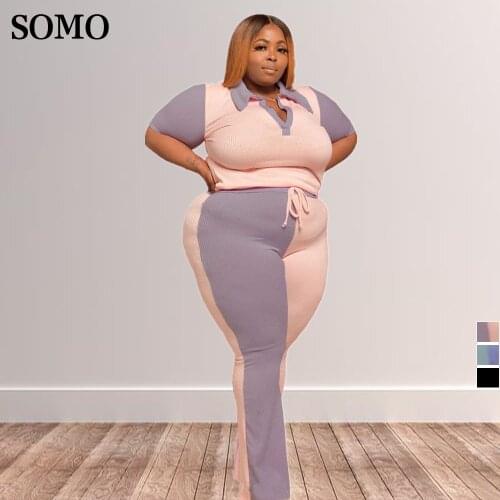 Plus Size Casual Suit 3xl Fashion Turn Down Collar Color Matching Lace-up Pants Sets Two Piece Women Sexy Wholesale Dropshipping