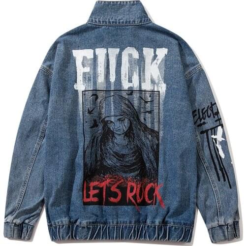 2021 Hip Hop Punk Rock Retro Zipper Denim Jacket Men Luxury Virgin Mary Graffitti Print Zip Up Vintage Jeans Outerwear Chaqueta