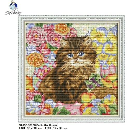 Joy Sunday Cat in the flowers Cross-stitch embroidery kits, DIY cross stitch set, embroidery suit, enough canvas for embroidery