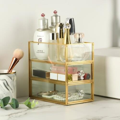 New Gold Glass Makeup Storage Box Desktop Lipstick Holder Perfume Organizer Cosmetic Organizer Drawer Jewelry Storage Box