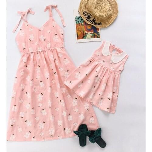 Family Matching Dress for Mommy and Baby Mother and Daughter Flower Clothes Cotton Sleeveless T-shirt Cartoon Women Girl Pajamas