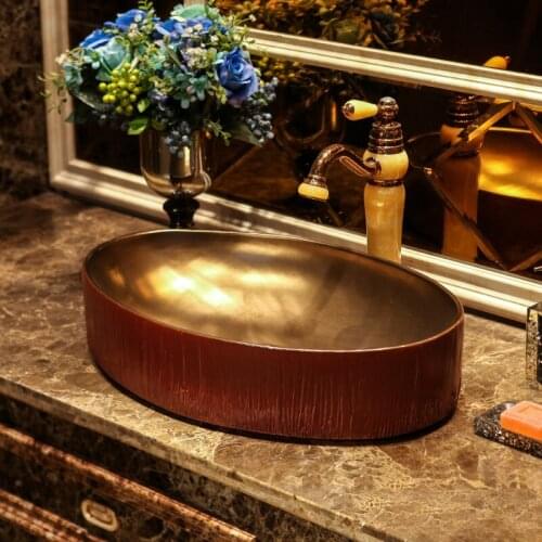 Oval Europe Style Counter Top porcelain wash basin bathroom sinks ceramic vintage wash basin red with gold