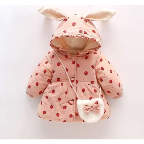Warm Winter Children Baby Kids Girls Coats Infants Ear Hooded Thicken Parkas Printed Strawberry Velvet Outwear Casaco+Bag ADK363