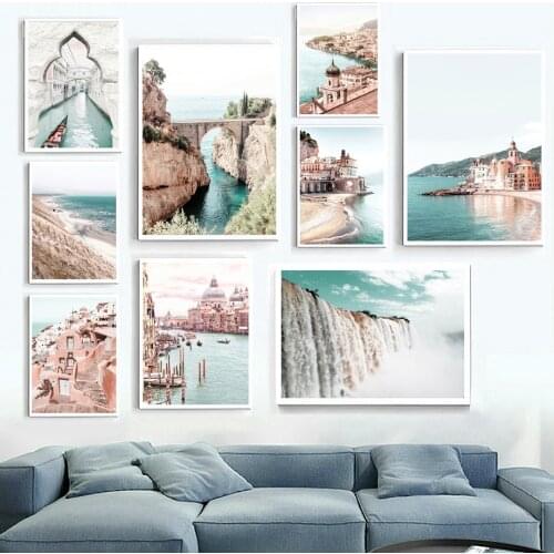 Venice Amalfi Coastal City River Waterfall Posters And Prints Nordic Art Canvas Painting Wall Pictures For Living Room Decor