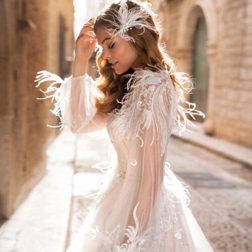 Romantic Boho A Line Wedding Dress 2021 Beach Appliques Feather Tulle Beading Sashes Mariage Vestido De Noiva White Bridal Gowns