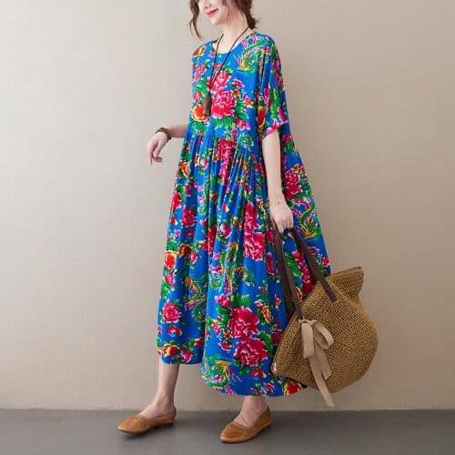 Print Floral Vintage Dress 2021 New Arrival Soft Cotton Loose Summer Dress Holiday Beach Style Women Travel Casual Long Dress