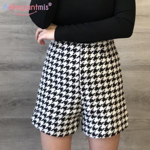 Aelegantmis Woolen Houndstooth High Waist Shorts Women Plaid Elegant Slim A Line Shorts Casual Wide Legs Short Pants Korean Chic