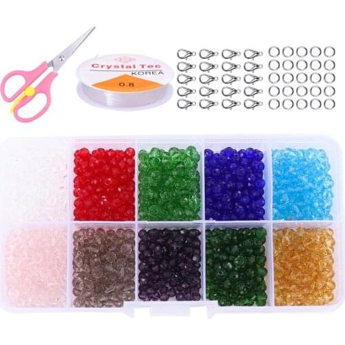 4/6/8/10mm Glass Faceted Spacer Beads Lobster Clasps Beading Cord Scissors Jump Rings Box Set For Diy Jewelry Making Accessories