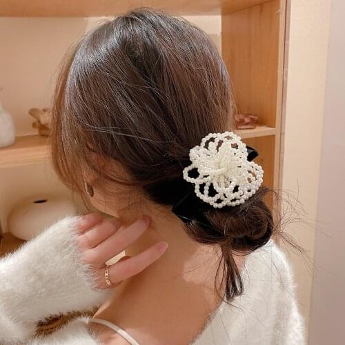 Handmade Weave Pearl Rose Hair Ties Hair Accessories Romantic Flower White Rose Ponytail Holder Hair Ropes Scrunchies Wholesale