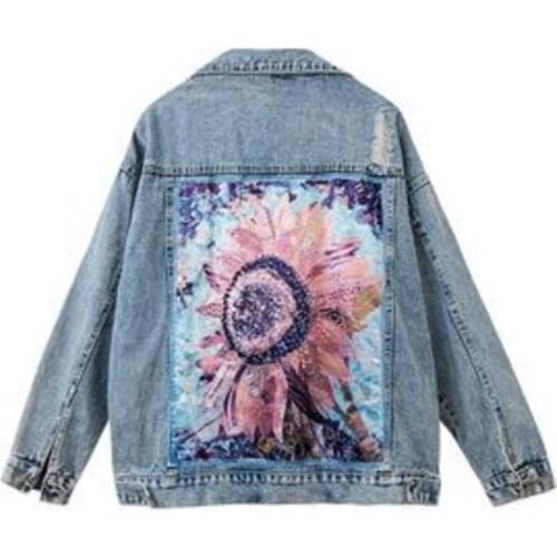 Ladies Denim Jacket Flowers Sequin Embroidery Fashion Female Street Spring Autumn 2021 New Loose Korean Version Wild Hole Denim