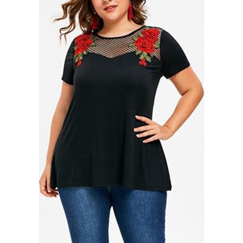 Plus Size Black T-shirts Women Y2k Clothes Short Sleeve Hollow Out Tee Tops Round Neck Lace Mesh Splicing Short Sleeve Tops#G3
