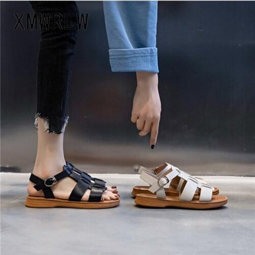 XMWRLW Womens Flat Sandals 2021 Summer Split Leather Women Buckle Sandals Casual Flat Shoes Women Summer Sandal Beach Shoes
