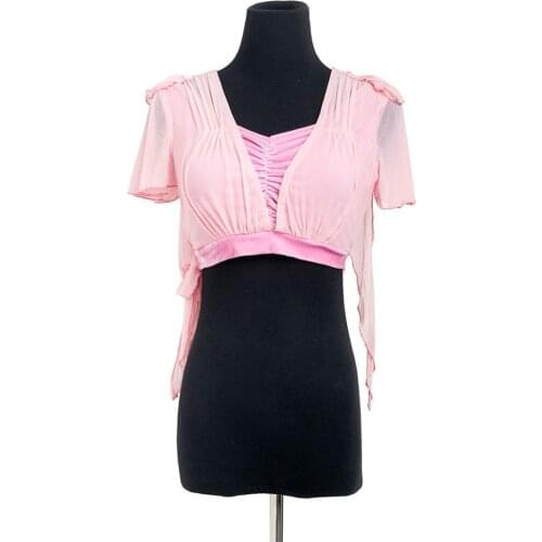 Women velvet stitching fake two-piece crop top short sleeve shirt belly dance top Belly dance Costume Training Practice clothes