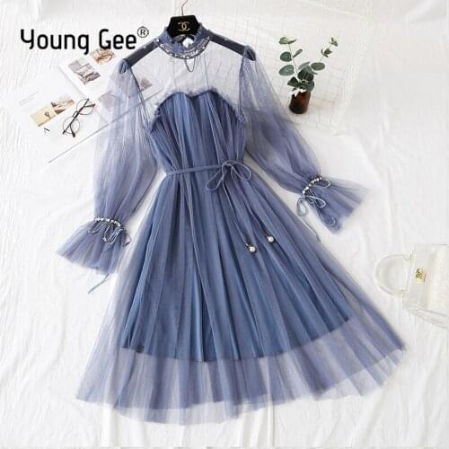 Young Gee Sexy lace pearls beading women mesh dress Elegant flare sleeve party stand collar bandage long sleeve dresses vestidos