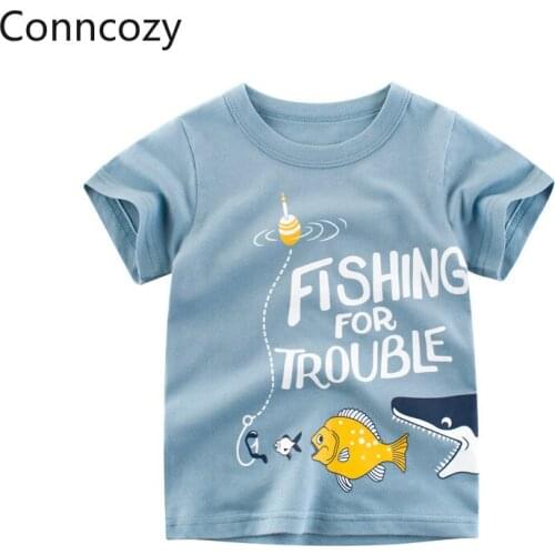 100% Cotton T Shirt Toddler Girl Summer Clothes Childrens Clothing Baby Tops Boys Short-sleeve T-shirts Graphic Fish Tee Blue
