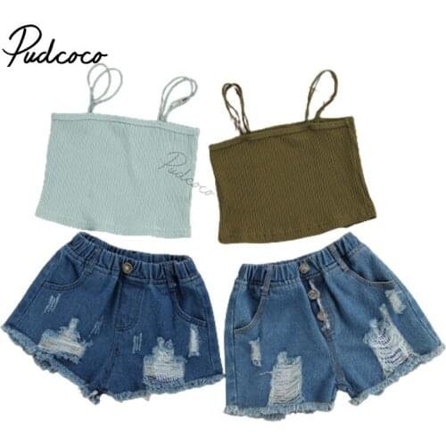 2021 Summer Toddler Girls 2Pcs Summer Outfits, Sleeveless Rib Knit Strap Tops + Ripped Denim Shorts Set 2-7T