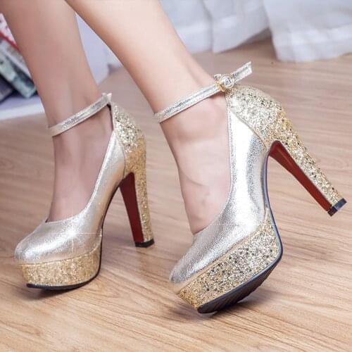 2021 Golden Silver High Heels Sexy Women Shoes Thick Soled Stiletto High Heels PU Rhinestone Decoration Ladies Wedding Shoes