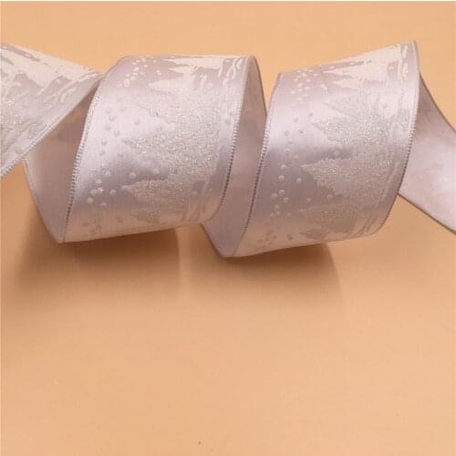 38MM 25yards Wired Edge Tree Printing White Satin Ribbon for Festival Christmas Decoration New Year Gift Wrapping