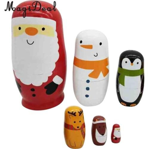 6Pcs Wooden Russian Nesting Dolls Handmade Lovely Toys Cute Santa Claus Matryoshka Cartoon Pattern Dolls Christmas Gifts