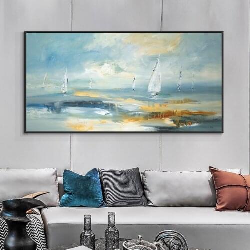 Abstract Sailing Boat On The River 100% Hand Painted Oil Painting On Canvas Wall Art Handmade Unframed Art For Home Decor