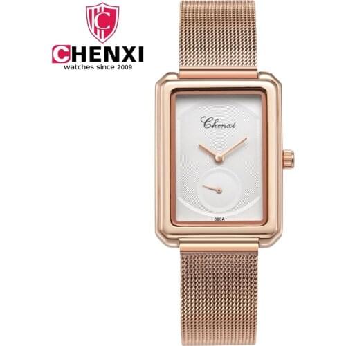 CHENXI Luxury Watches Women Rose Gold Watches Fashion Rectangular Watches Women Mesh Band Quartz Wristwatches Ladies Watches