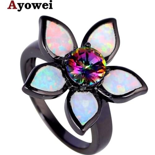Big Flower Design Hot Sell Rings Rainbow Mystic Zircon White Fire Opal Gold Fashion Jewelry Ring USA Sz #5#6#7#8#9#10 OR755A