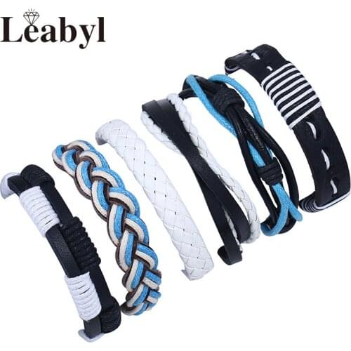 Leabyl Classic Retro Braided Cow Leather Wrap Vintage Bracelet Set Blue & White DIY Handmade Rope Strap Punk Bracelet Jewelry