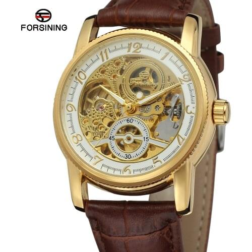 Fashion Forsining Hollow Engraving Skeleton Casual Designer Black Golden Case Gear Bezel Men Luxury Brand Automatic Wrist Watch