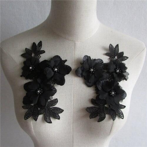 New style black Floral Applique pearl Decorated DIY Lace Collar Fabric Sewing Applique Supplies a pair for sale YL567