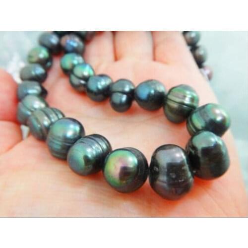 Genuine natural 18" 10-11mm black tahitian pearl necklace yellow gold clasp