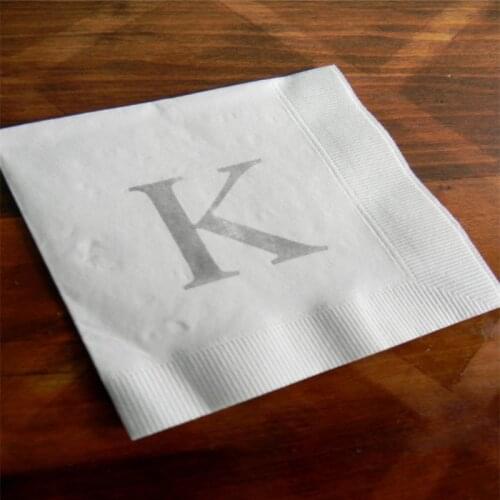 Personalized White Wedding 3 Ply Paper Beverage Cocktail Napkins with Extra Large Last Name Initial in Gray ink Simple Wedding