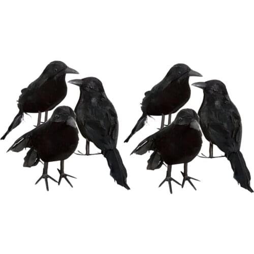 6Pieces Halloween Black Feathered Crow Realistic Decorations Birds Figurine Statue Model Garden Lawn Decor