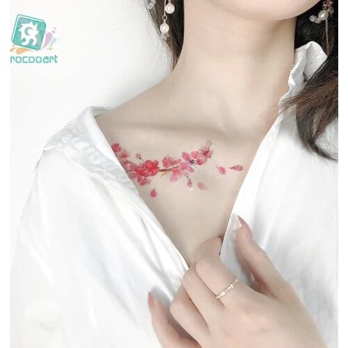 Rocooart Hot Sale Flower Waterproof Tattoo Sakura Peach Blossom Design Chest Temporary Tatoo For Women Body Art Fake Taty