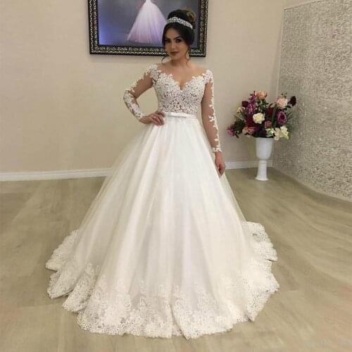 Luxury Princess A Line Country Beaded Bridal Dresses Illusion Sheer O Neck Long Sleeves Wedding Dress Plus Size Robe De Mariee