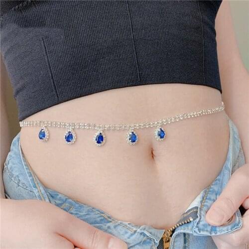 Sexy Body Jewelry Blue Rhinestone Tennis Waist Chain for Women Summer Beach Charm Bikini Belly Chain Waist Chain Belt 2021